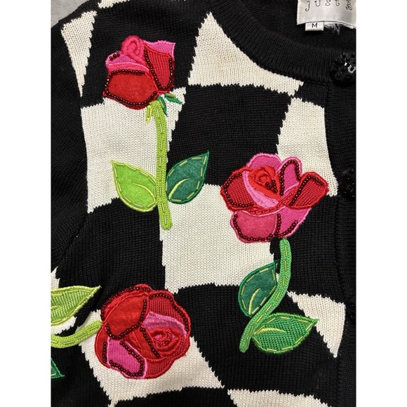 Just B Cardigan Women's M Black White Floral Roses Embroidered Beaded Y2K‎ - Picture 11 of 16